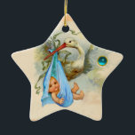 ADORNO DE CERÁMICA HISTORIA NIÑO ESCALERA DE DUCHA MONOGRAM AZUL SAPP<br><div class="desc">Elegante, colorido, vibrante estilo vintage verde azulado diseño blanco azul con un bebé y cigüeña voladora y una brillante piedra en 3D de Bulgan Lumini (c). Fácil de personalizar con su propio texto para invitaciones guardar-la-fecha, gracias, duchas de bebé, fiestas de cumpleaños para niños, o casi cualquier evento que desee!...</div>