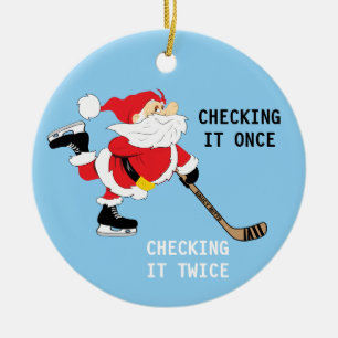 Adorno De Cerámica Hockey Santa Checkin patinador él una vez navidad