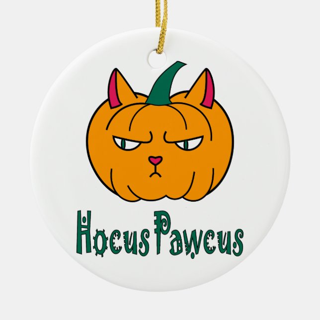 Adorno De Cerámica Hocucus pawcus Halloween calabaza ginger cat magia (Frente)