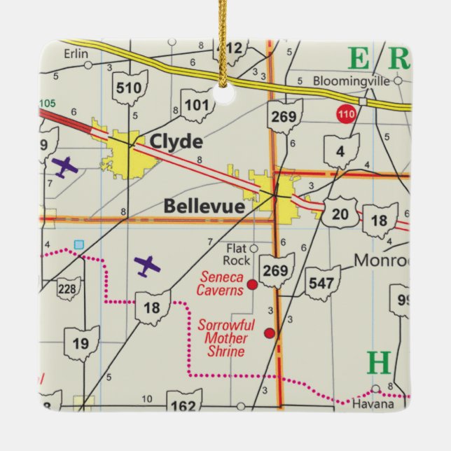 Adorno De Cerámica Hoja de Ruta de Bellevue Ohio (Reverso)