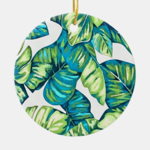 Adorno De Cerámica Hojas de Monstera Tropical y Verde Azul Bananero