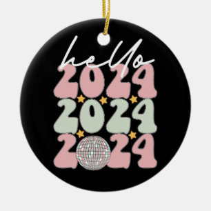 Adorno De Cerámica Hola 2024 Groovy Feliz Año Nuevo Navidad