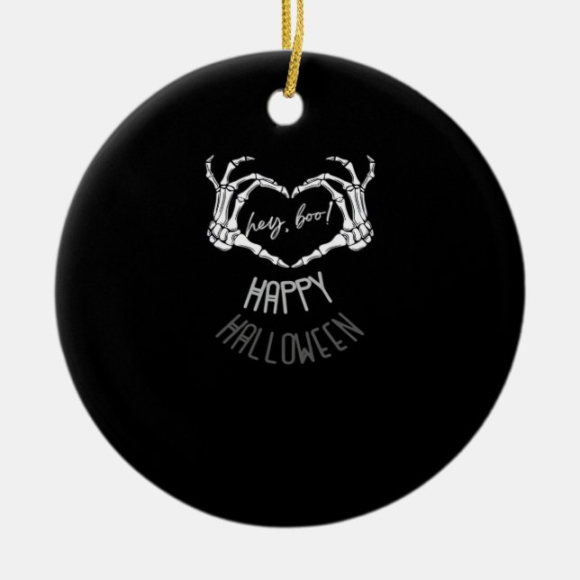 Adorno De Cerámica ¡Hola, Boo! Felices Halloween Skeleton Hand Heart  (Frente)