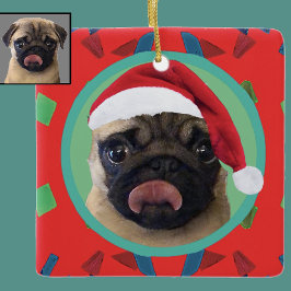 Adorno De Cerámica Holiday Green Red Your Dog Photo-Add Our Santa Hat