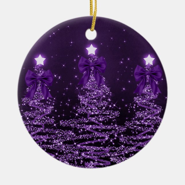 Adorno De Cerámica Holiday Greeting Purple Christmas Trees Bows (Frente)