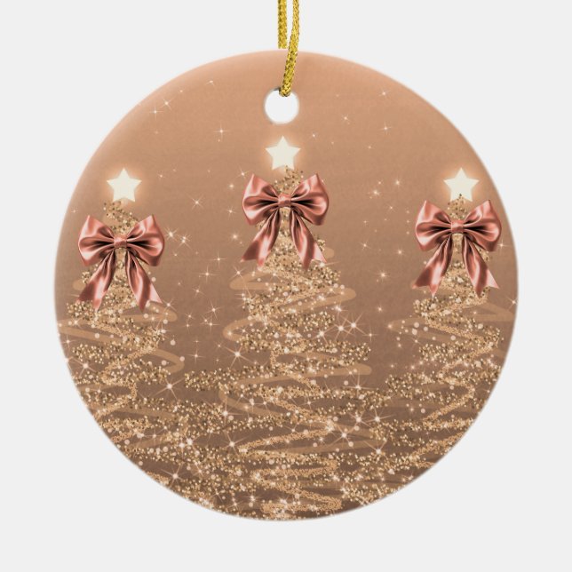 Adorno De Cerámica Holiday Greeting Rose Gold Christmas Trees Bows (Frente)