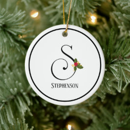 Adorno De Cerámica Holiday Holly Monogram Letter S Personalized
