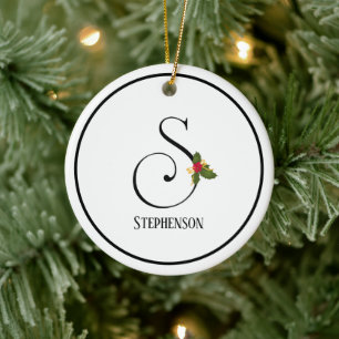 Adorno De Cerámica Holiday Holly Monogram Letter S Personalized