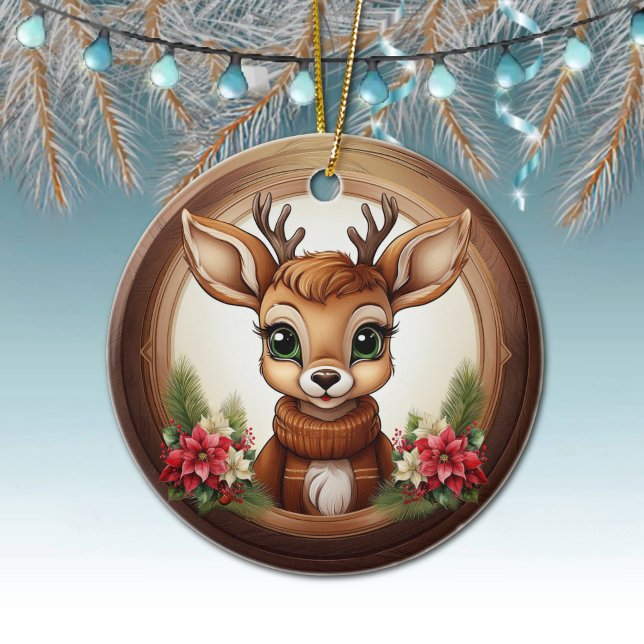 Adorno De Cerámica Holiday Reindeer Festive poinsettia flower 🦌🎄 (Holiday Reindeer Festive poinsettia flower Ceramic Ornament Cute Winter Woodland Wildlife Deer 🦌🎄)