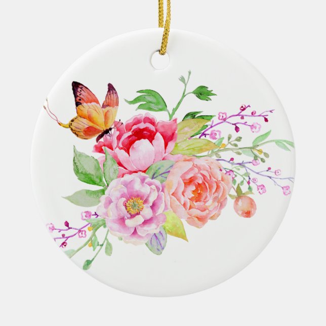 Adorno De Cerámica holiES - Flores de primavera acuarela Bouquet 2 (Frente)