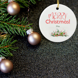 Adorno De Cerámica Holly Berries Feliz Navidad acuarela