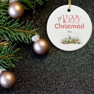 Adorno De Cerámica Holly Berries Feliz Navidad acuarela