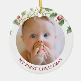 Adorno De Cerámica Holly Berry Baby first Christmas Photo Holiday
