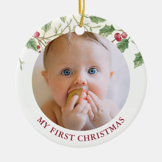 Adorno De Cerámica Holly Berry Baby first Christmas Photo Holiday (Frente)