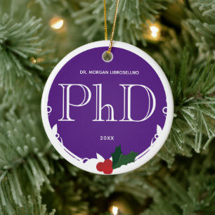Adorno De Cerámica Holly Berry Purple White PhD Graduation Name Year