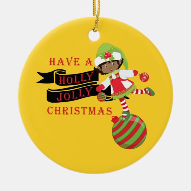 Adorno De Cerámica Holly Jolly Black African American Navidad Elf (Frente)