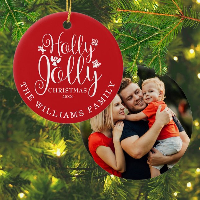 Adorno De Cerámica Holly Jolly Family Name Photo Navidad Holidays (Holly Jolly Family Name Photo Christmas Holidays Ceramic Ornament)