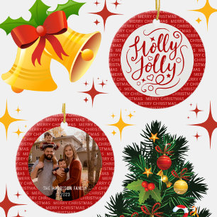 Adorno De Cerámica Holly Jolly Navidades Script Family Photo Red