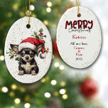 Adorno De Cerámica Holly, Navidades de Chihuahua Puppy<br><div class="desc">La imagen en el frente de este adorable adorable adorno navideño es de un adorable cachorro de Chihuahua con un gorra rojo y blanco de Santa Claus. Detrás de él hay una espiral de bayas rojas y sagradas. El minúsculo confetti dorado sobre un fondo blanco da un poco de purpurina...</div>
