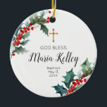 Adorno De Cerámica Holly Winter Floral Personalizado Bautismo Chica<br><div class="desc">Ornamento de bautismo Chica personalizado con flor de invierno Holly</div>