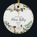 Adorno De Cerámica Holly Winter Floral Personalizado Bautismo Chica<br><div class="desc">Ornamento de bautismo Chica personalizado con flor de invierno Holly</div>