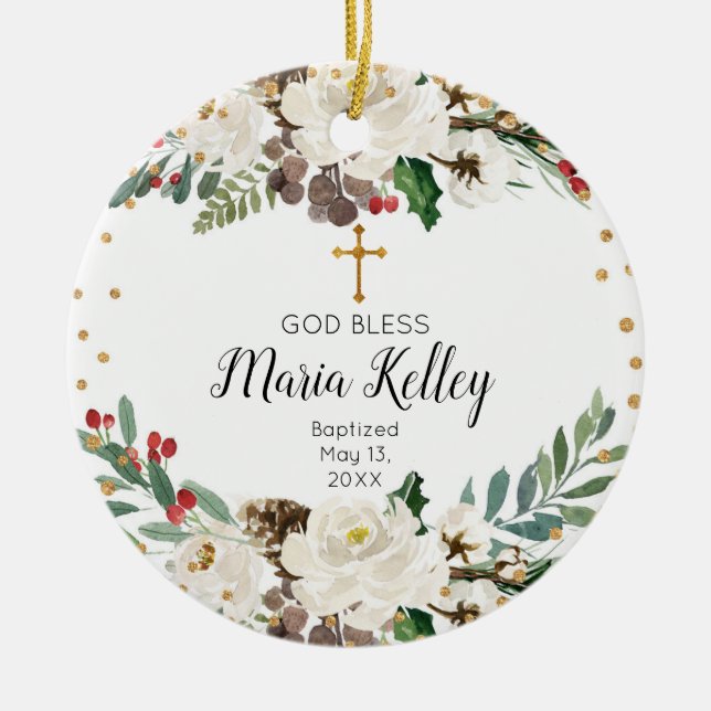 Adorno De Cerámica Holly Winter Floral Personalizado Bautismo Chica (Frente)