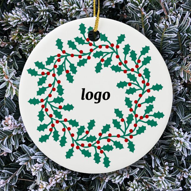 Adorno De Cerámica Holly Wreath Logo Business (Logo wreath business promotional ceramic holiday ornament)