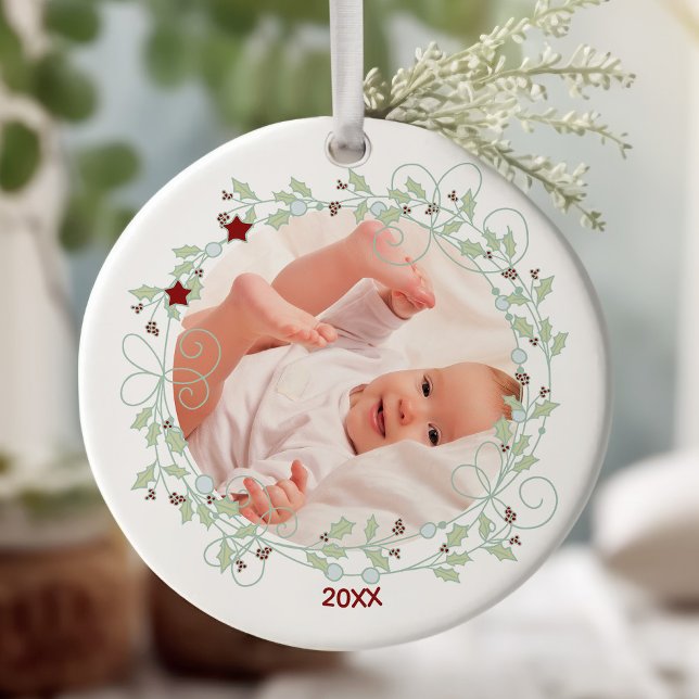 Adorno De Cerámica Holly Wreath - Niño: primera foto de Navidad (Baby's First Christmas keepsake photo ornament)