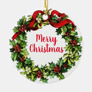 Adorno De Cerámica Holly Wreath y caligrafía