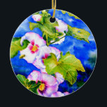 Adorno De Cerámica Hollyhocks<br><div class="desc">hollyhock romántico original con una pequeña pintura acuarela de abejas con burbujas de H Cooper</div>