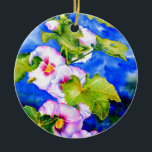 Adorno De Cerámica Hollyhocks<br><div class="desc">hollyhock romántico original con una pequeña pintura acuarela de abejas con burbujas de H Cooper</div>