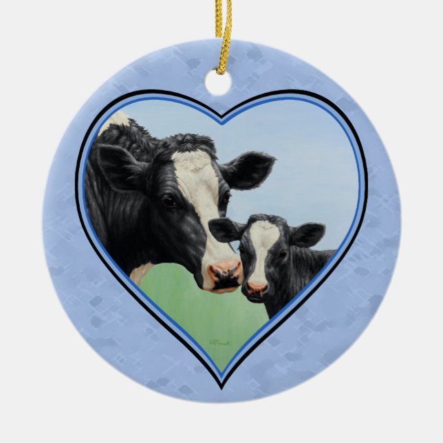 Adorno De Cerámica Holstein Cow y Corte Calf Blue Heart (Frente)