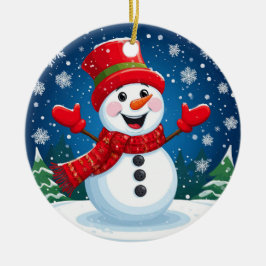 Adorno De Cerámica Hombre de nieve alegre en rojo bufanda y Gorra