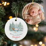 Adorno De Cerámica Hombre de nieve de los primeros Navidades con foto<br><div class="desc">Personalizar este adorable adorno con la foto,  nombre y año del bebé para un regalo memorable para Navidades</div>