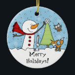 Adorno De Cerámica Hombre de nieve decora árbol con criaturas de bosq<br><div class="desc">Un lindo muñeco de nieve en una zona cubierta de nieve llega a la cima de un pequeño pino para poner un copo de nieve sobre la superficie. En esta escena de invierno se ven animales de bosque de búho, zorro y conejo. Personalice el diseño de este Navidad como desee....</div>