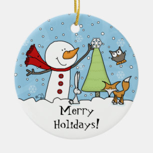Adorno De Cerámica Hombre de nieve decora árbol con criaturas de bosq