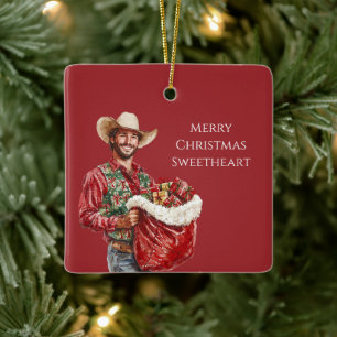 Adorno De Cerámica Hombre vaquero occidental sombrero de Santa Navida