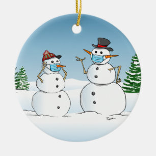 Adorno De Cerámica Hombres de Nieve divertidos usando máscaras facia