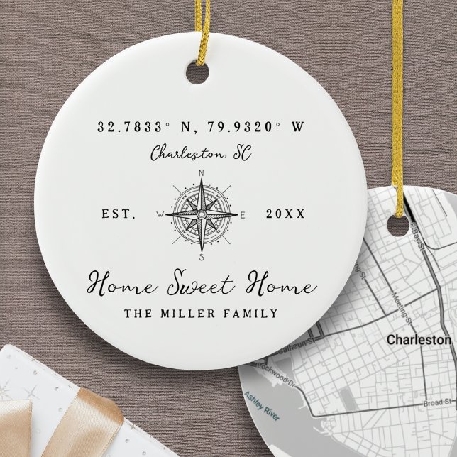 Adorno De Cerámica Home Sweet Home Latitude Longitude Personalized (Home Sweet Home Ornament Latitude and Longitude Coordinates Personalized Address Custom Location)