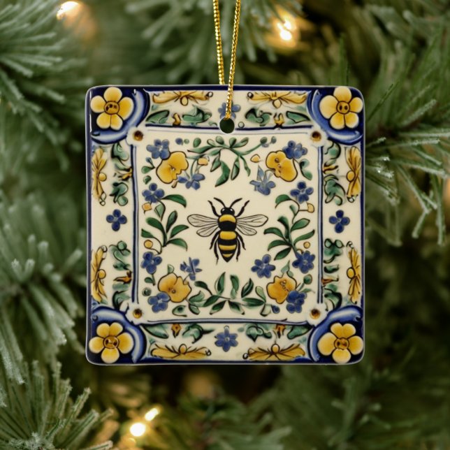 Adorno De Cerámica Honey Bee Traditional Blue Yellow Mediterranean (Árbol)