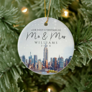 Adorno De Cerámica Horizonte de Nueva York Primer Navidad como Sr. y 