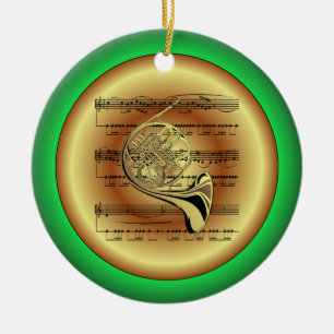 Adorno De Cerámica Horn francés~Hoja de música~Rojo/Verde/Oro~Navidad
