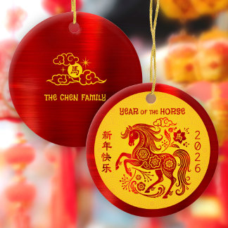 Adorno De Cerámica Horse 2026 Chinese Lunar New Year Red Foil Yellow