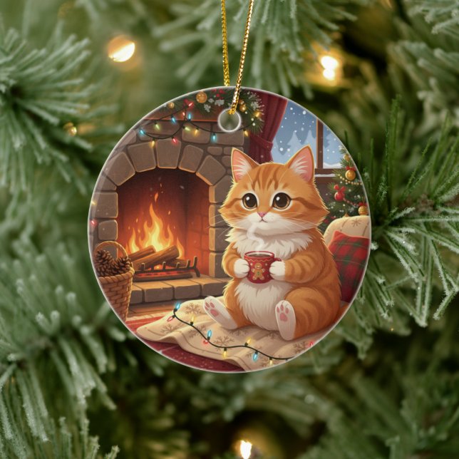 Adorno De Cerámica Hot Cocoa Cat Cozy Winter Cat by the Fireplace  (Árbol)