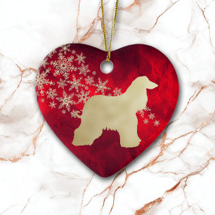 Adorno De Cerámica Hound afgano con copos de nieve de oro rojo