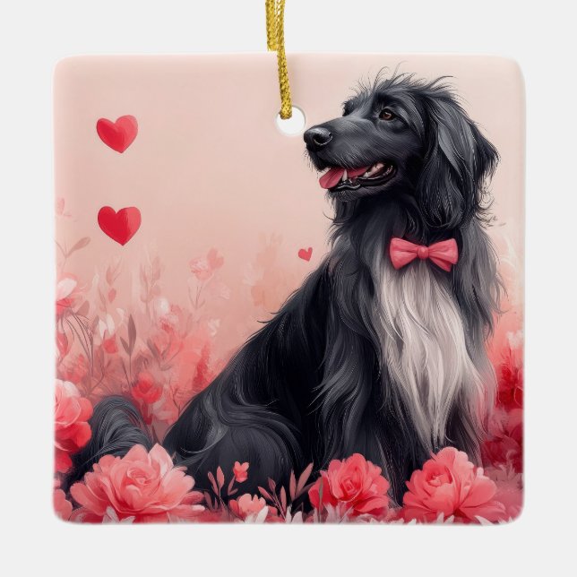 Adorno De Cerámica Hound afgano con Rosas - El día de San Valentín (Anverso)