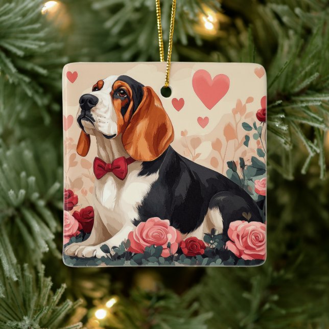 Adorno De Cerámica Hound Basset con Rosas - El día de San Valentín (Árbol)