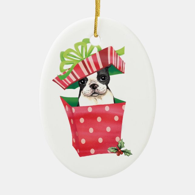 Adorno De Cerámica Howliday feliz Boston Terrier (Frente)