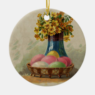 Adorno De Cerámica Huevos Flores Canasta Pascua Antiguo