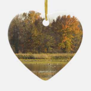 ADORNO DE CERÁMICA HUMEDAL CON LOS ÁRBOLES DEL OTOÑO EN FONDO Y PATOS